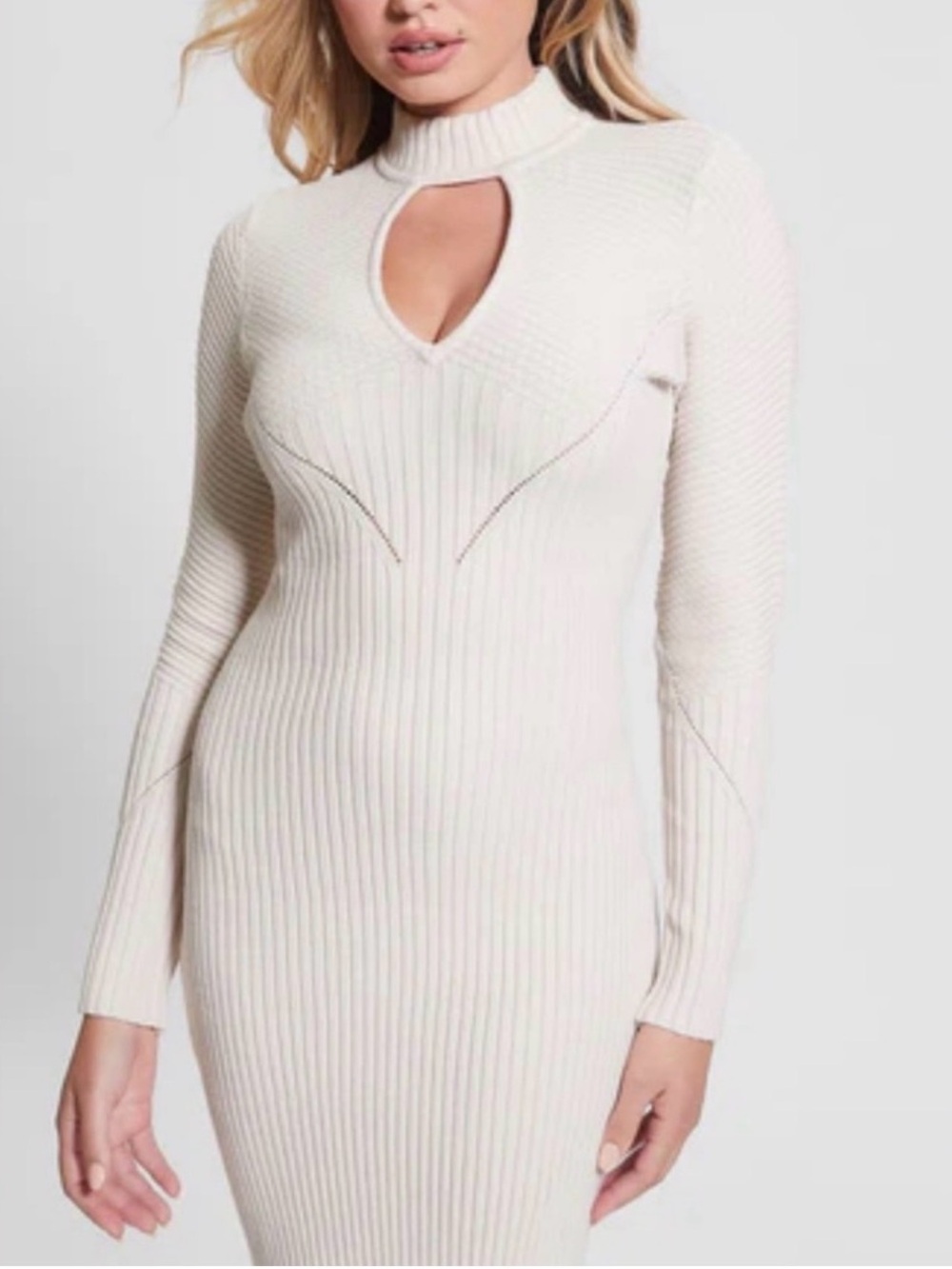 Guess Cream Ribbed Knit Long Sleeve Keyhole Midi Dress